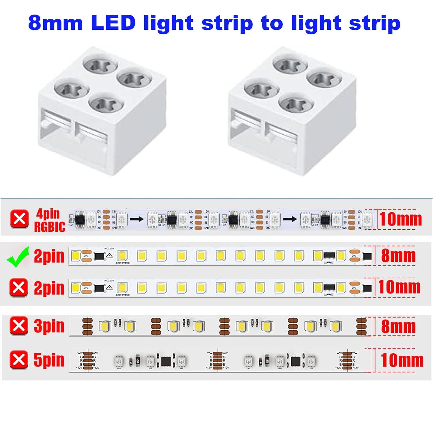 RUNCCI-YUN 10Pcs 2pin 8mm LED Light Strips Connector for 5V 12V 24V Single Color LED Strip Lights, White - Image 3