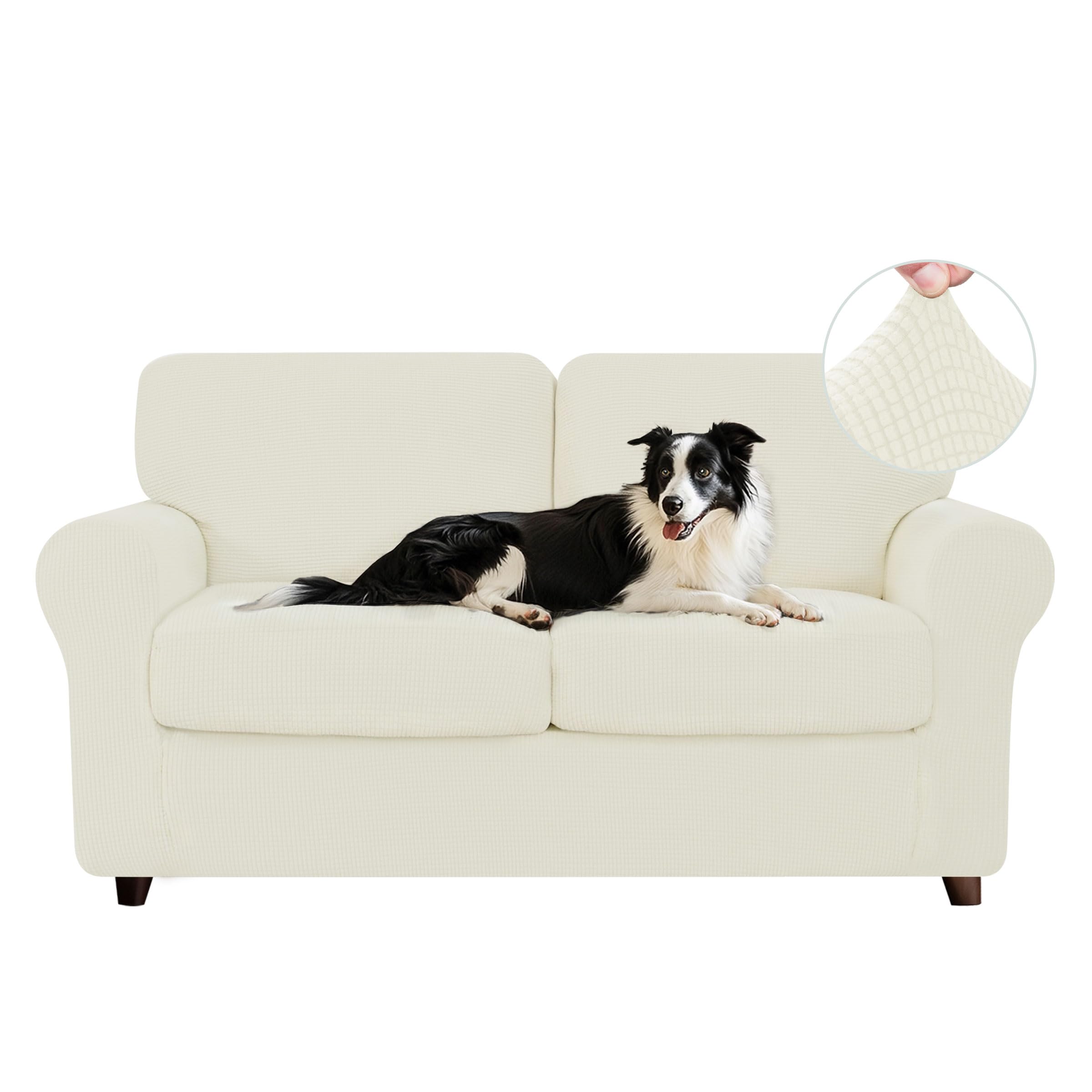 CHUN YI 5 Piece Loveseat Covers for 2 Cushion Couch, 2 Seater Stretch Sofa Slipcover with Separate Backrest and Cushion Covers, Anti-Slip Furniture Protector for Dogs Pets (Medium, Ivory White)