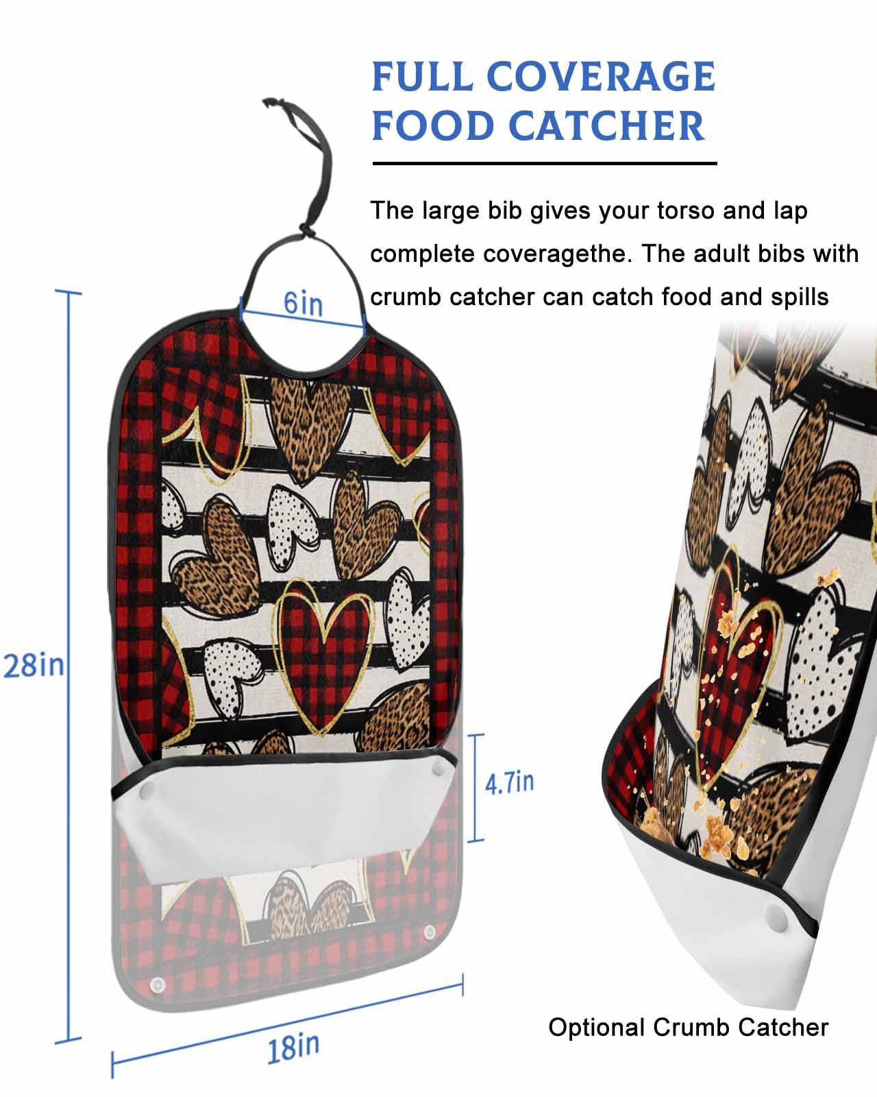 LEOKOTI Valentines Love Heart Adult Bibs for Eating, Waterproof Bibs with Food Catcher & Adjustable Snap Closure, Red Black Plaid Washable Clothing Protectors Adult Bibs for Elderly Women/Men