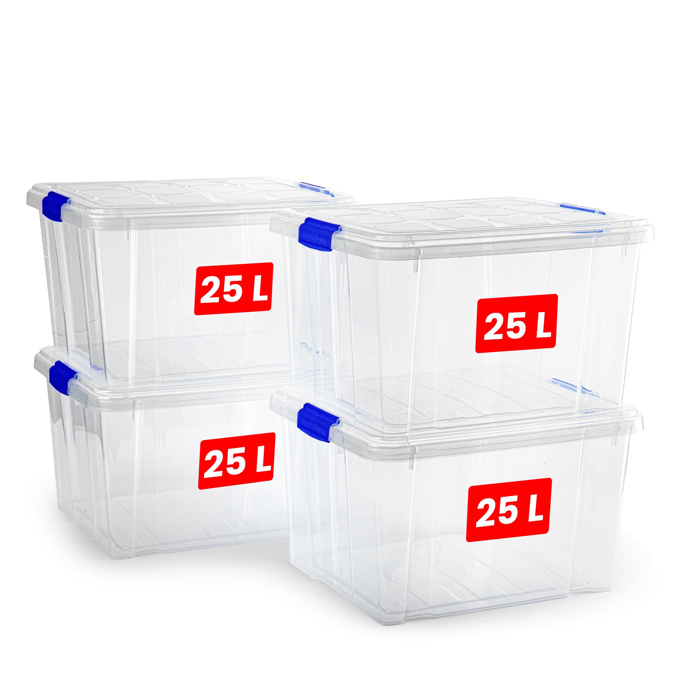 PlasticForte – Pack de Cajas de Almacenamiento de 25 y 16 L con Tapa - Plástico Resistente, Apilables y Transparentes - Organizador (Azul, Pack 4, 25, Litros)