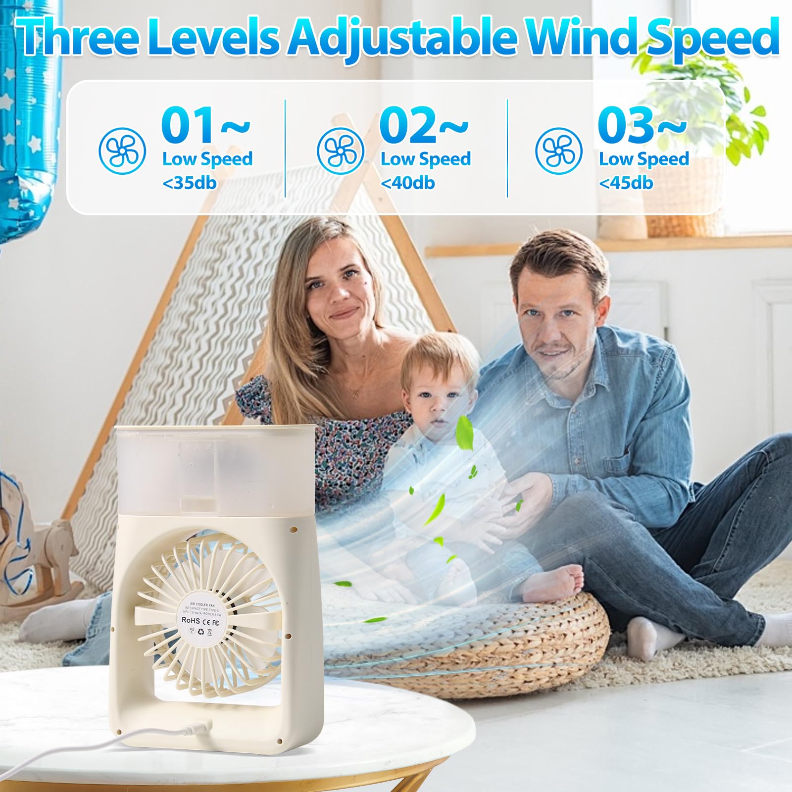 Mini Aire Acondicionado Portatil,3 en1 Mini Enfriador de Aire de 250ml, Mini Refrigerador de Aire Móvil Ventilador USB,3 Velocidades,7 LED Climatizador Portatil para Dormitorios,Oficinas