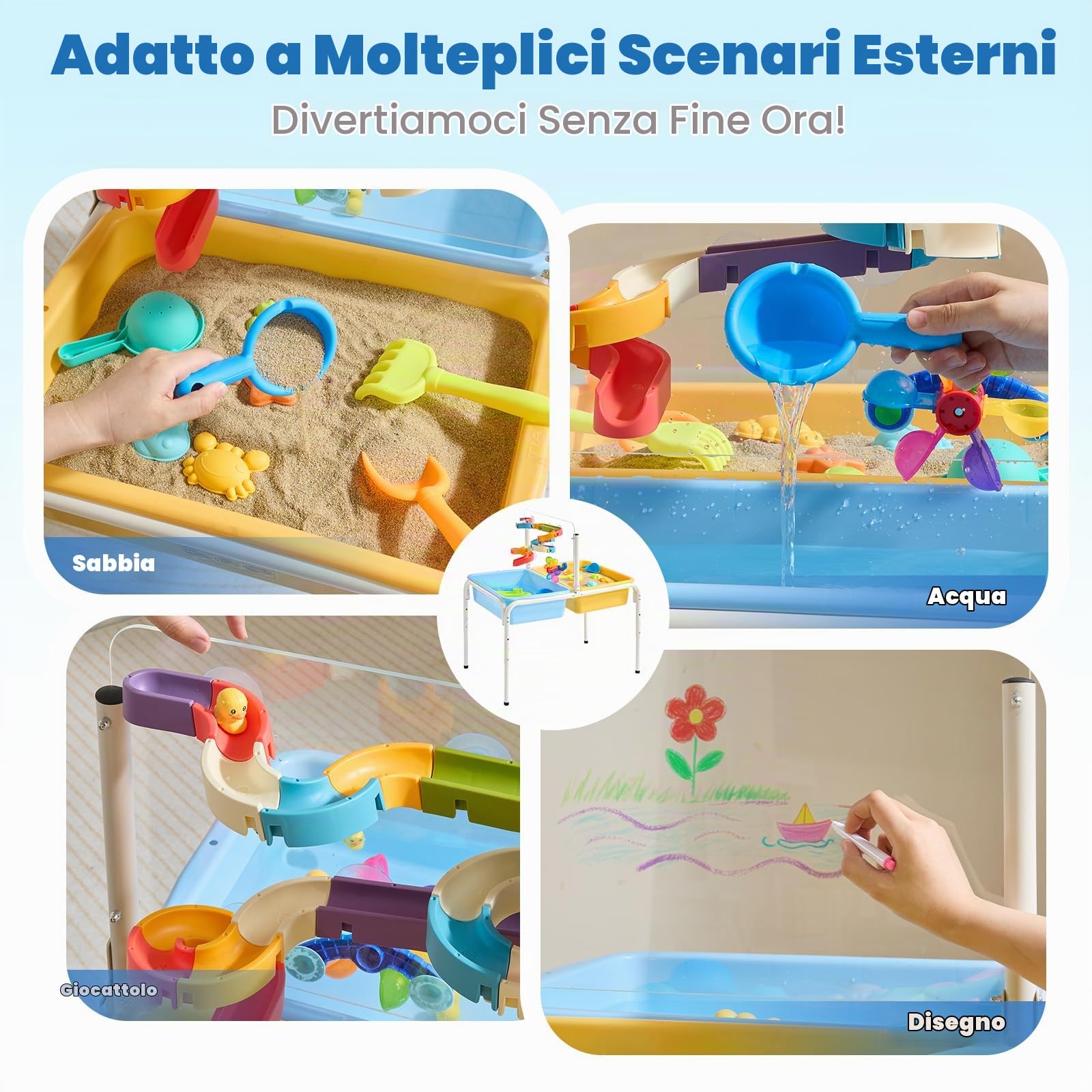 FUNLIO Tavolo per Sabbia e Acqua con 3 Livelli di Altezza Regolabile per Bambini 3-6 Anni, Tavolo sensoriale 4 in 1 con 2 contenitori, Pannello Acrilico, Pista Scorrevole, Mulino a Vento