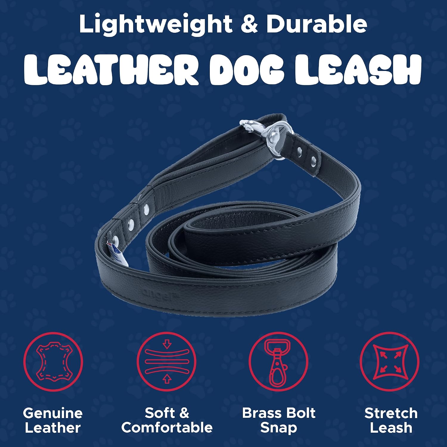 Angel Pet Supplies, Alpine Leash, 100% Genuine Leather, Black, 48" x 1/2", Padded Handle, Brass Snap Hook, Double Ply, Soft and Durable, 4 Foot Leash