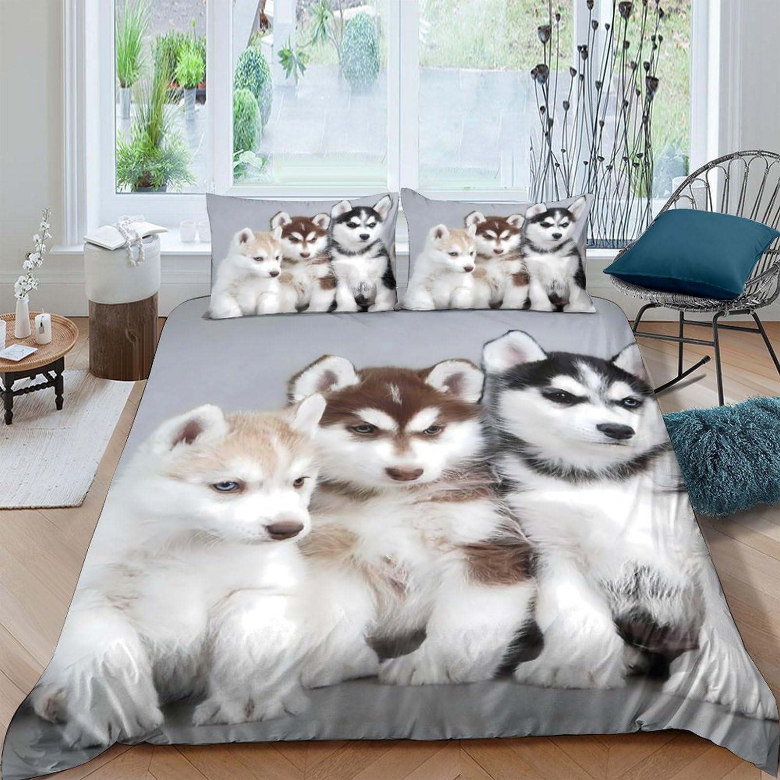 Ctjqhvkz Style-9 3D Printed Husky Puppy Pattern Fitted Sheet Microfiber Soft Anti-Slip Machine Washable Bed Cover For Bedroom Decor Single（135X200cm）