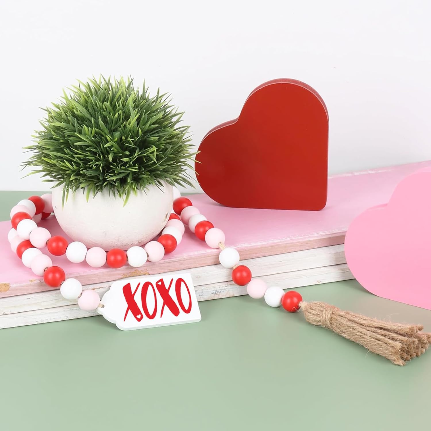 Valentine's Day Decoration, Red White Pink Wood Bead Garland with Tassel XOXO Wood Tag Tiered Tray Decor Rustic Beads Hanging Ornaments for Home Farmhouse Office Wall Mantel Shelf Holiday Party, 41"