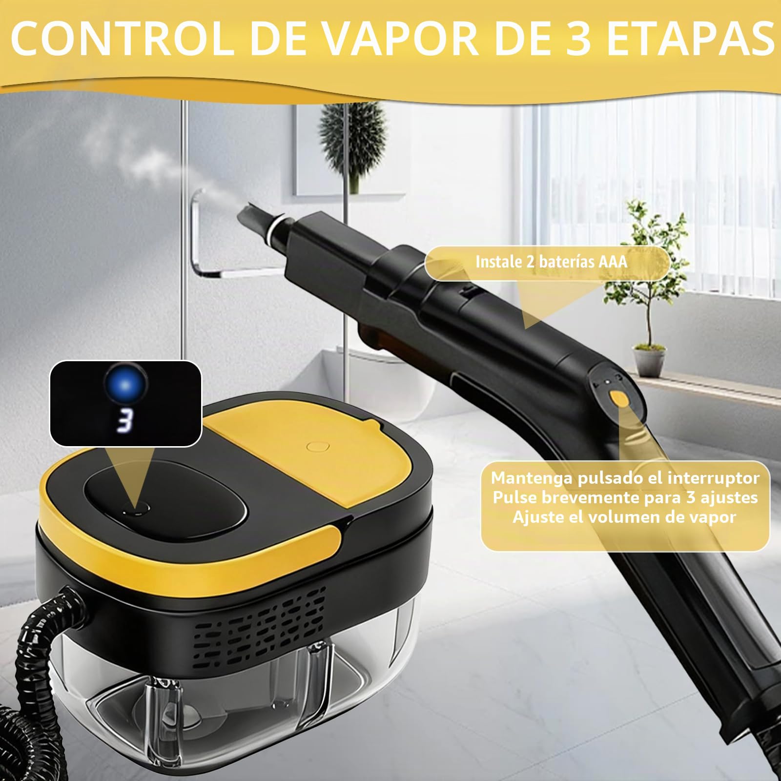 Limpiador a Vapor Portátil, 2500W Potente Limpiador a Vapor para el Hogar, 3 Velocidades Ajustables,17 Accesorios, Depósito de Agua de 1600 ml, Presión de 4 Bar, para Cocina, Ventanas, Pisos, Autos