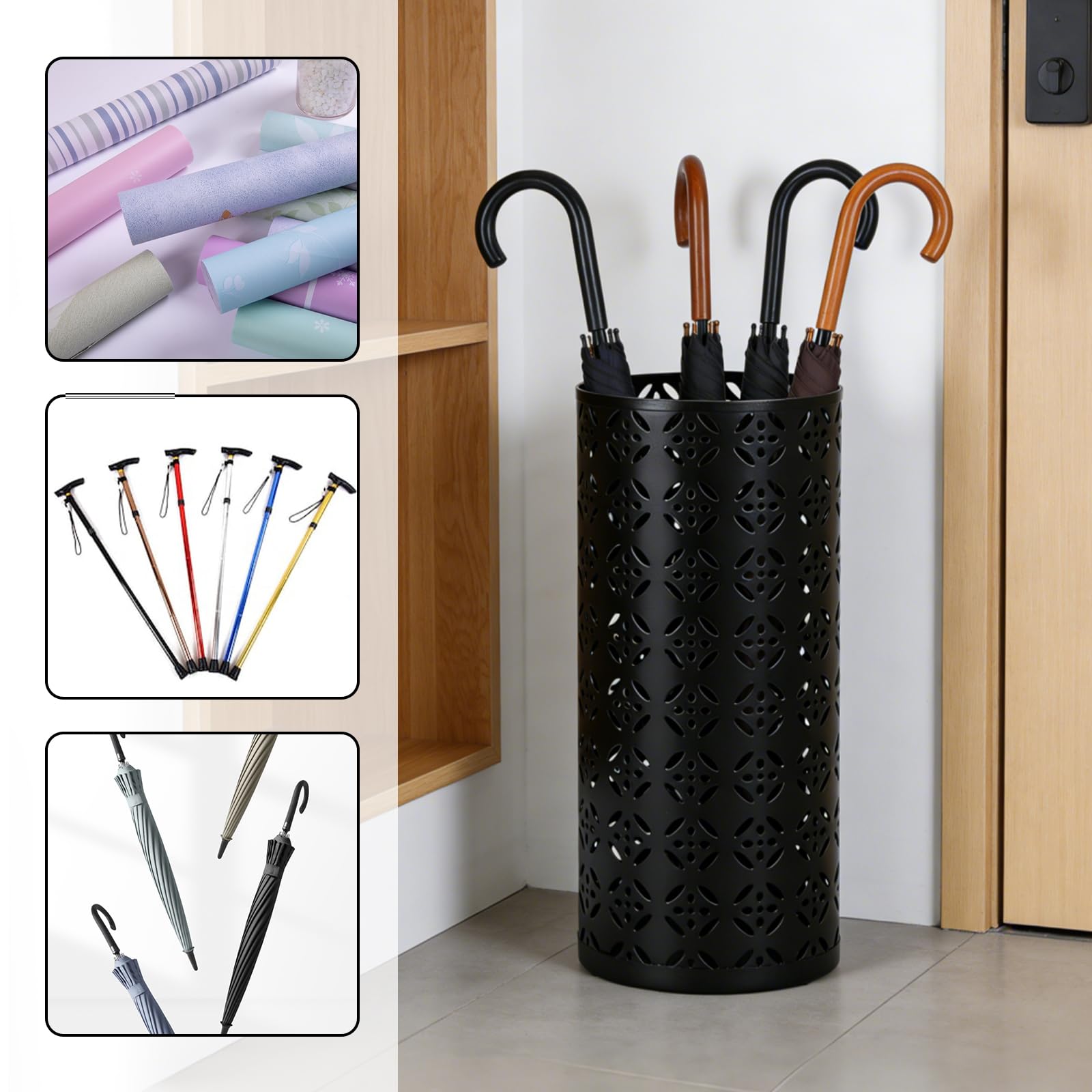 PORFOYO Stojak na parasole okrągły z metalu czarny 15 x 15 x 35 cm wolnostojący do przedpokoju domu holu biura