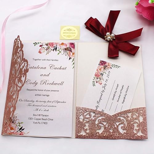Miniatura 3 de 25 invitaciones de boda con purpurina de 250 GSM con tres pliegues con tarjetas de confirmación y sobres para boda, compromiso, despedida de