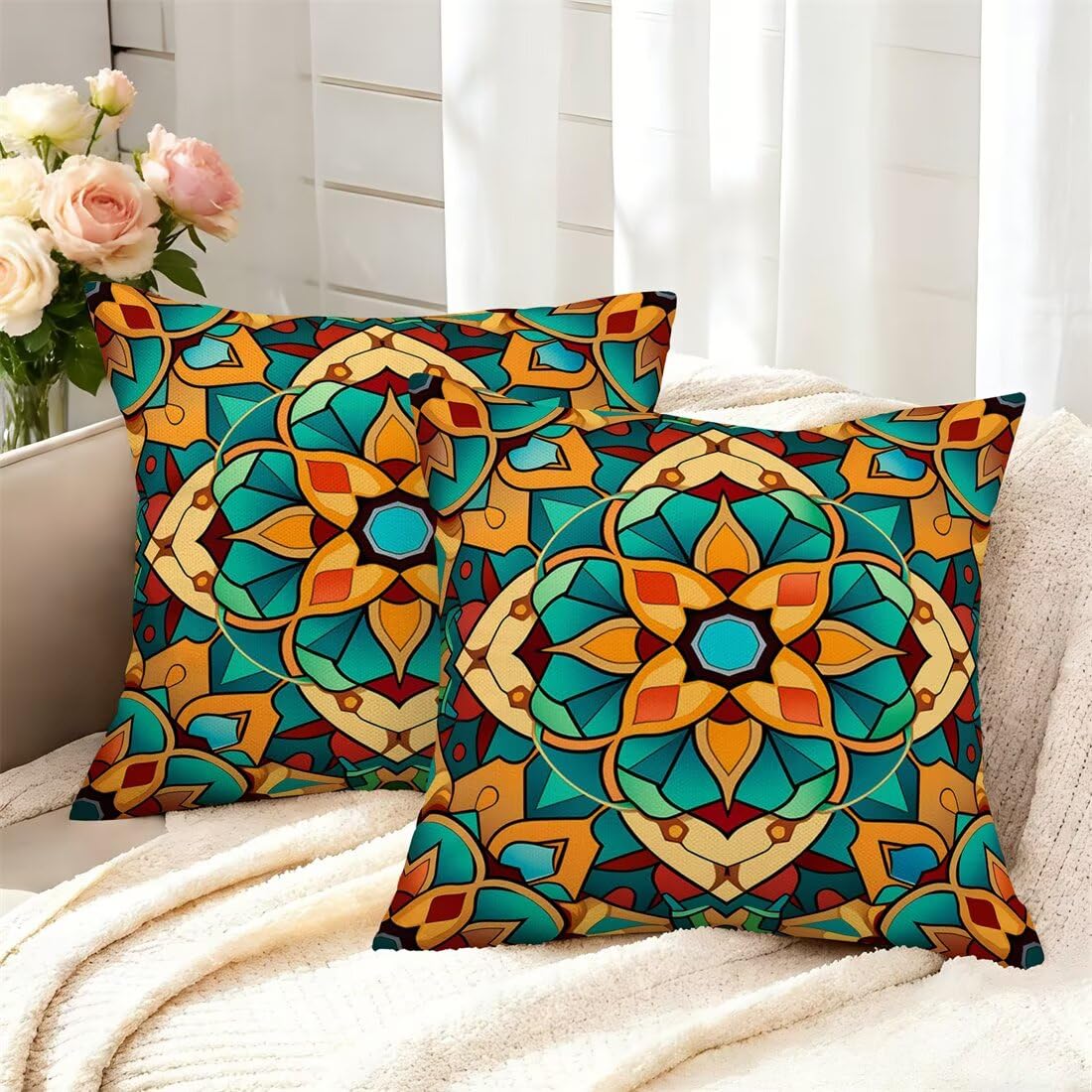 Wangllpgy Orange Blue Cushion Covers 55Cm X 55Cm Set Of 2 Throw Pillow Covers Boho Pillow Cases Autumn Sofa Cushions Decorative Pillows With Invisible Zipper Pillowcases For Bedroom Living Room Garden -Gy460