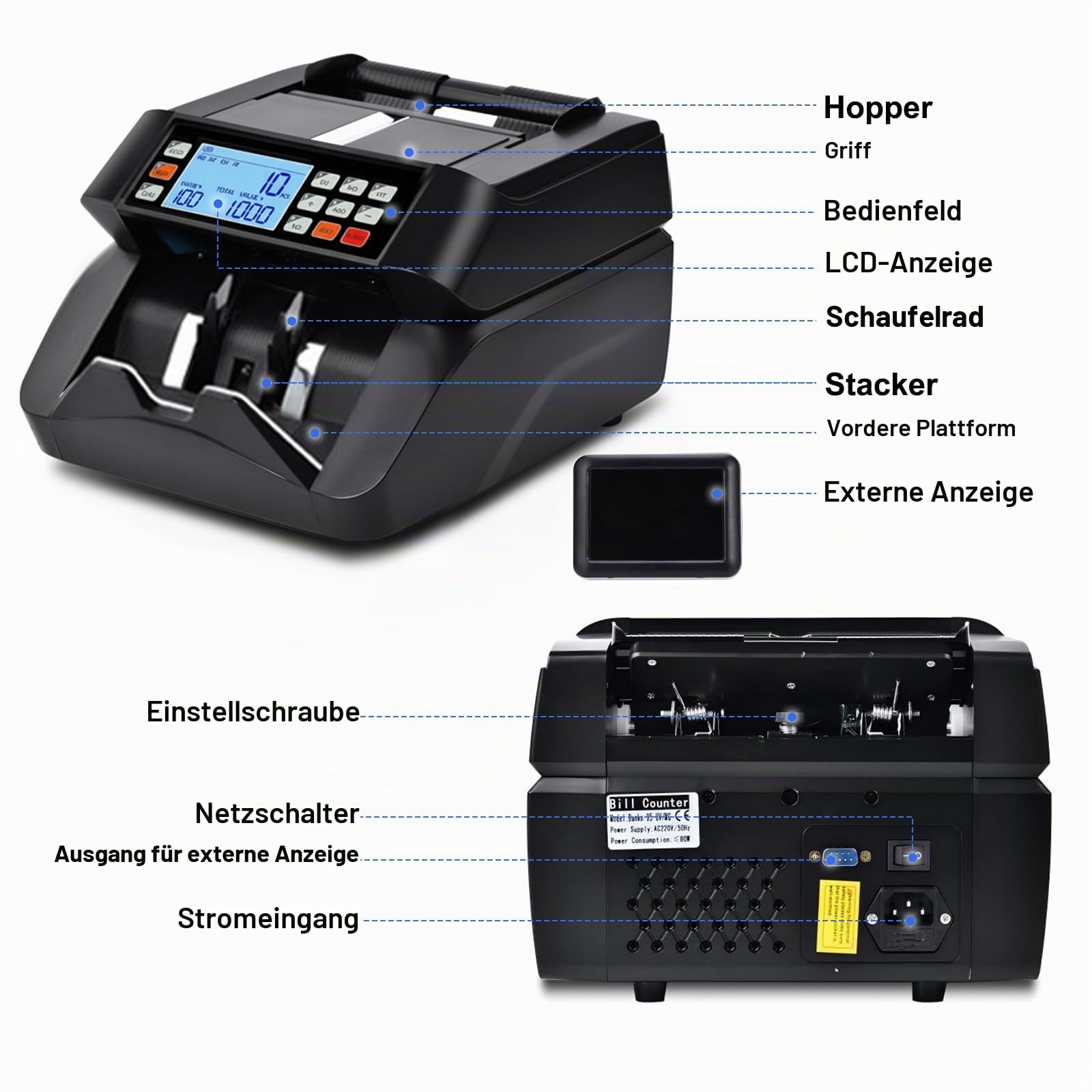 Geldzählmaschine Geldzähler Banknotenzähler mit UV/MG/IR/MT, Banknotenzählmaschine Geldscheinzähler mit 3,5” LCD-Display und Externes Display, 1000 Blatt/min