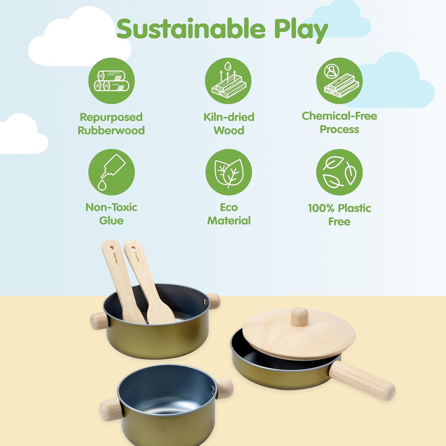 PlanToys® Pretend Play Wooden Cooking Utensils Set | Kitchen Toy for Imaginative Cooking | Encourages Creativity, Practical Life Skills & Montessori-Inspired Play