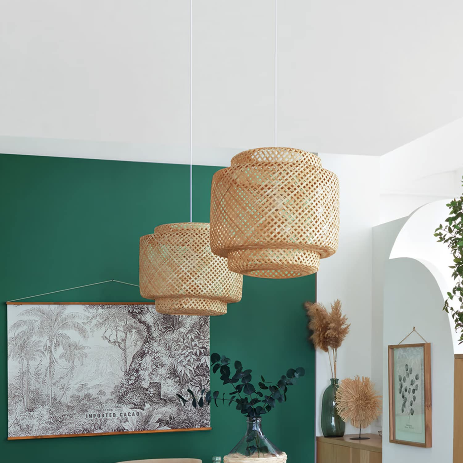 TIENDA EURASIA - Lampara Techo, Lampara Colgante Techo de Fibra de Bambu, Tamaño 38 x 40 cm, Casquillo E27, 40W Max, Cable 80 cm, Perfecta Lampara de Salon, Dormitorio, Estudio, Porche