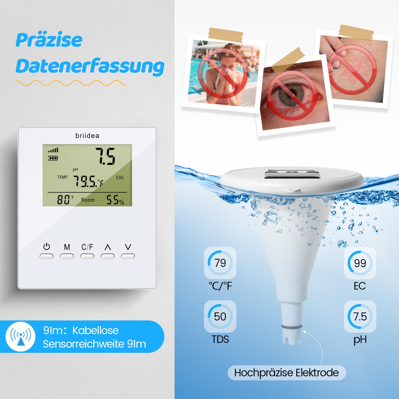 briidea Kabelloses Digitales Schwimmbad-Wasserprüfgerät Mit Zwei Displays & Hochpräziser Elektrode Zur Messung Von Temperatur, pH, EC, TDS Für Alle Pools, Whirlpools Und Spas