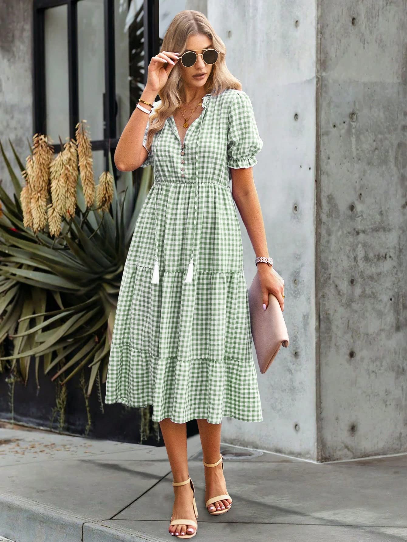 green gingham.dress Glassworks London Green And White Gingham Ruched Bodice Dress