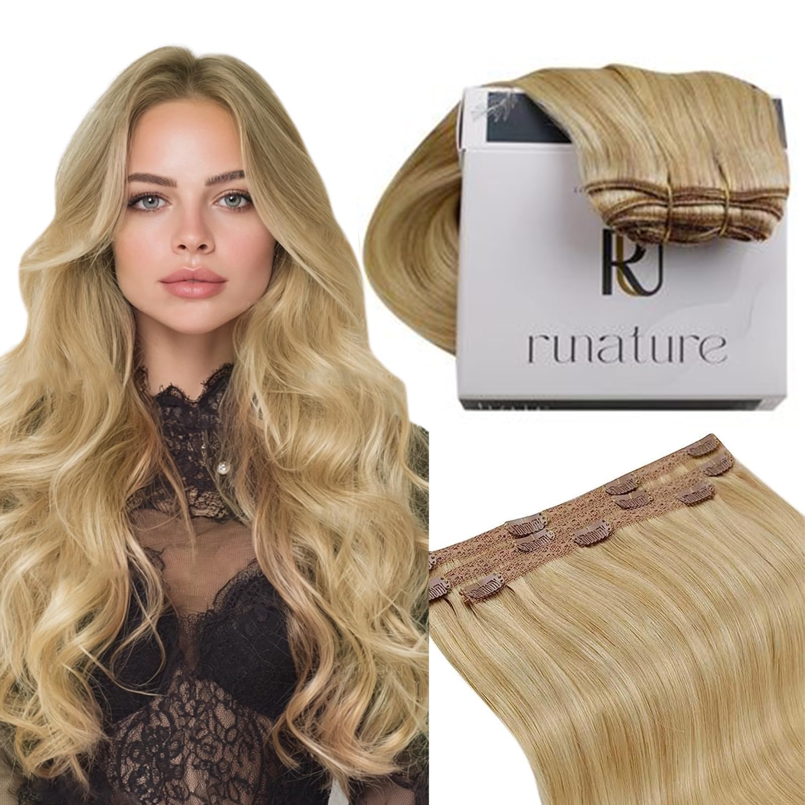RUNATURE Blonde Clip in Hair Extensions, Real Hair Extensions Clip Ins, Remy Human Hair Clip in Extensions 18 Inch, Full Head Tangle Free Hair, 50g