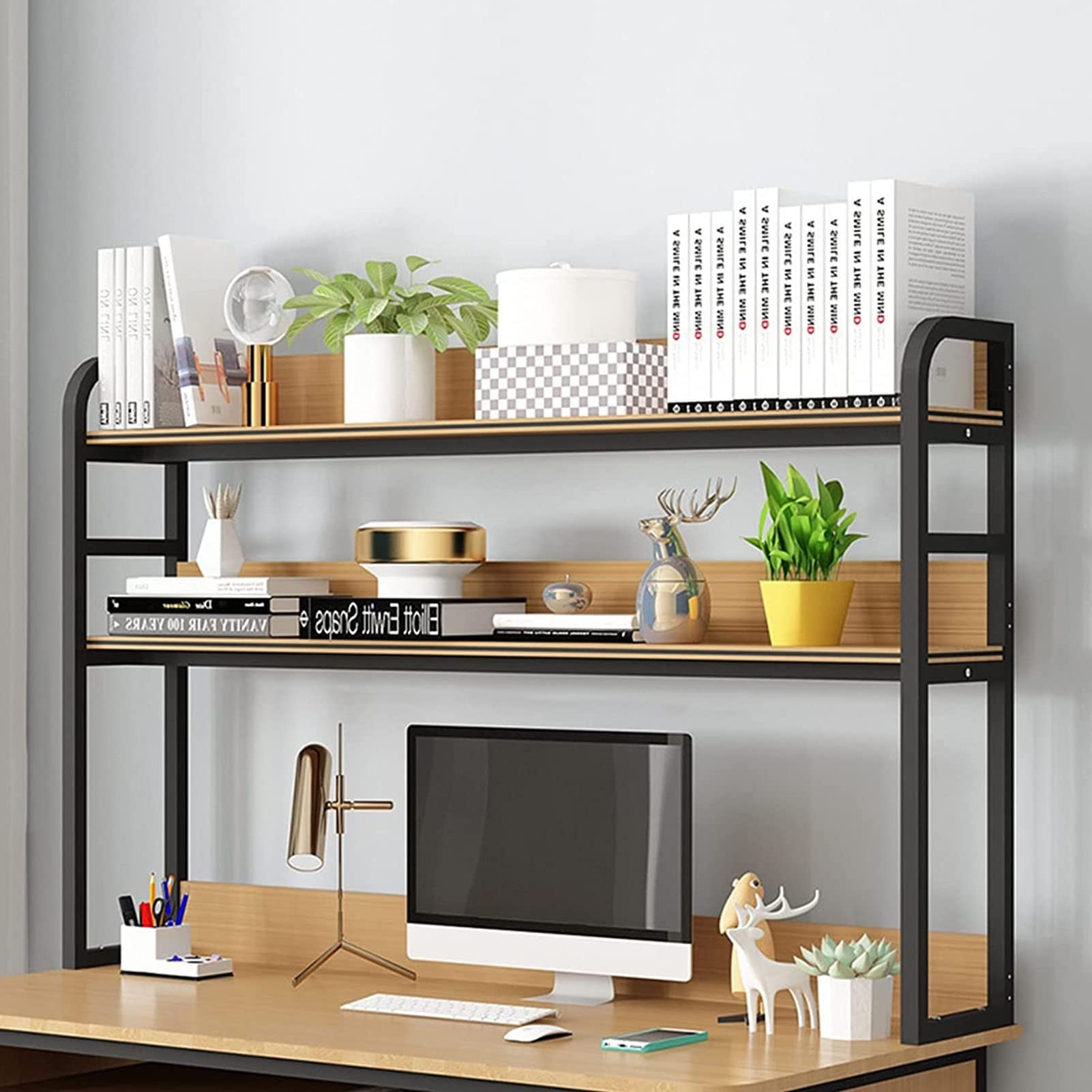 ASerZenith Desktop Bookshelf 2-Tier Desktop Bookshelf for Computer Desk Desk Bookshelf Organizer Rack, Wood and Metal Computer Desk Bookshelf, Can Bear 25kg