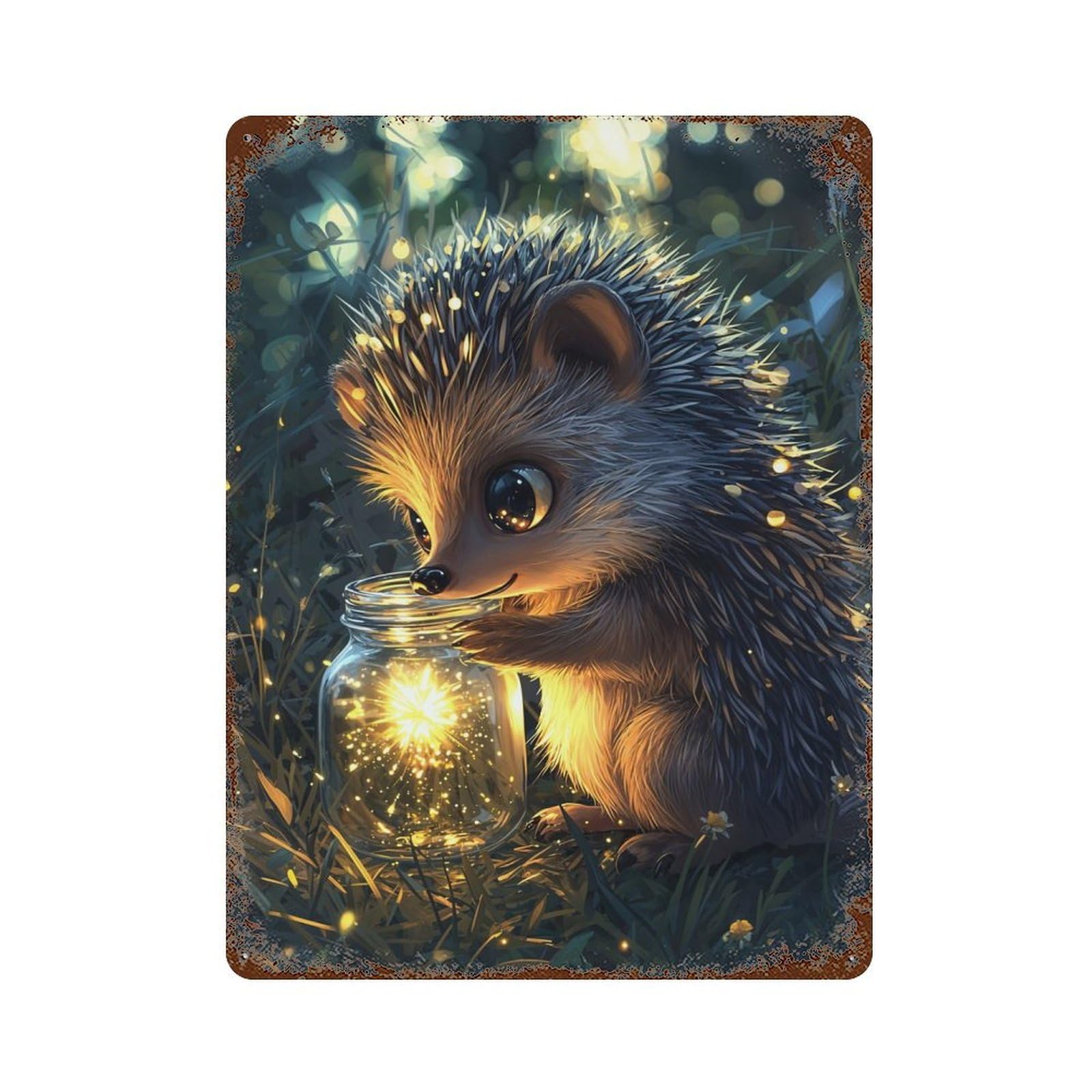 Rust Effect Hedgehog with Firefly Jar Rusty Metal Tin Sign 15.7"x11.8", Old School Wall Decor for Cafe, Home Bar And Lounge Decor