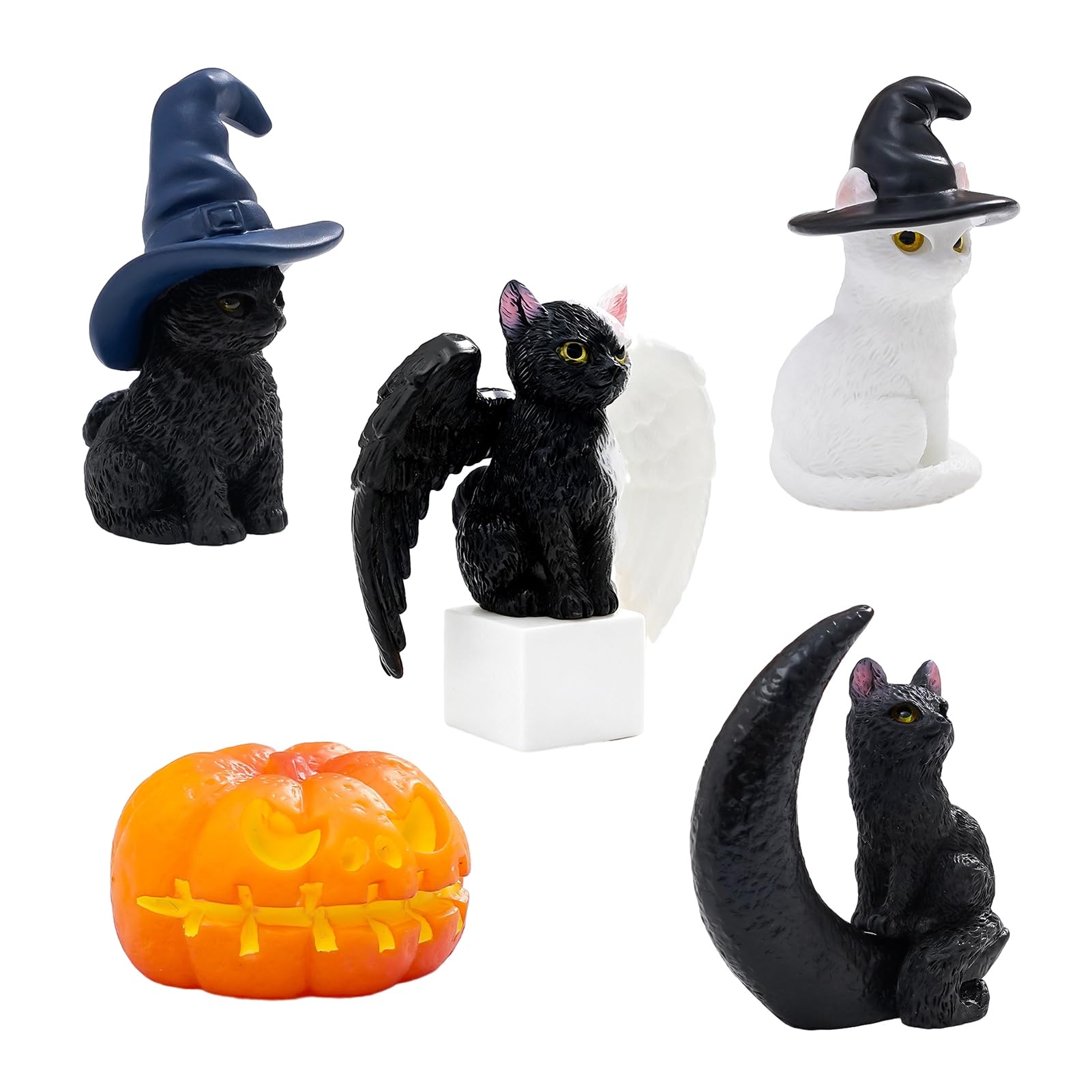 Quoravel Resin Halloween Cat Figurine, Witch Hat Moon Pumpkin Skull Statue, Black White Cat Decor for Tabletop Mantel Shelf Desk, Spooky Pumpkin