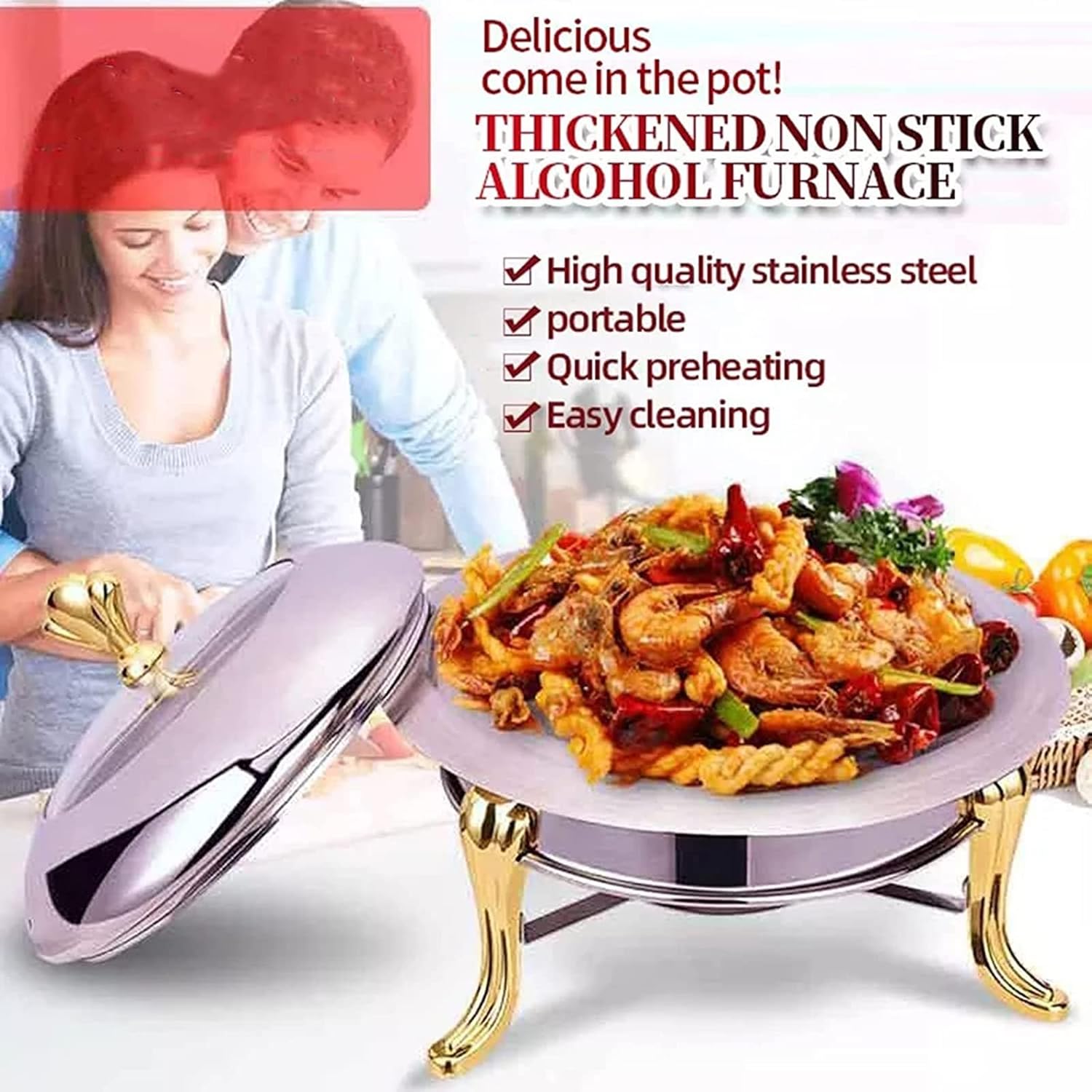 Stainless Steel Chafing Dish Buffet Set with Glass Viewing Lid, Chafers 28Cm Buffet Servers and Warmers for Wedding, Parties, Banquet, Catering Events,Silver (Silver)