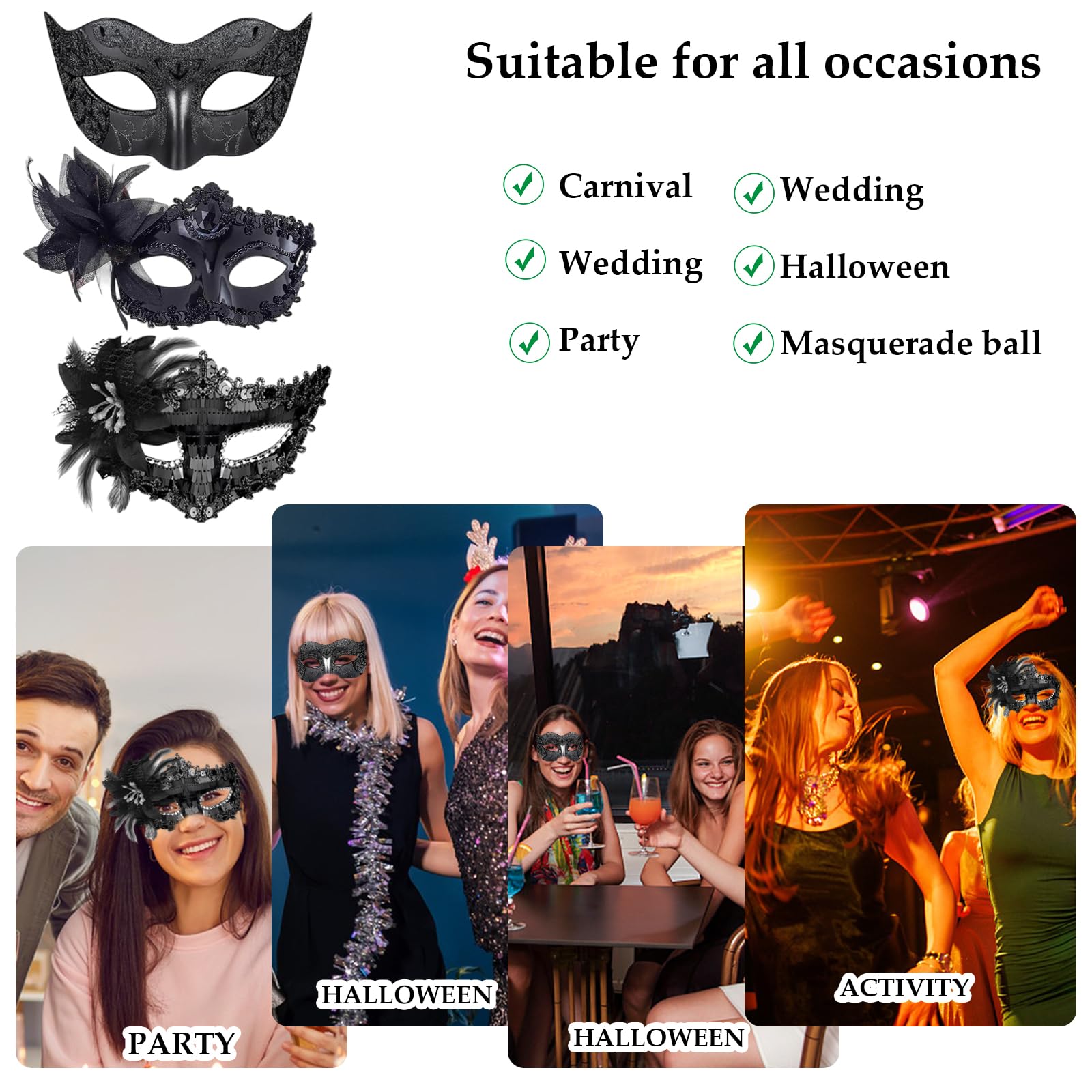 Masquerade Mask for Women 3 Pack Black Masquerade Masks - Image 4