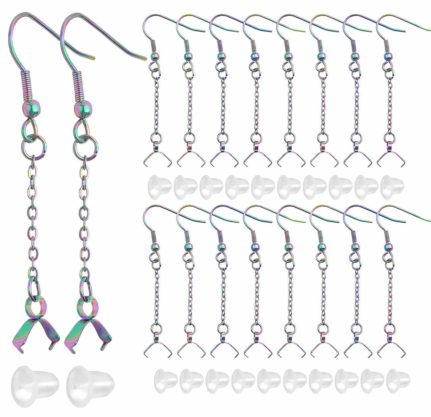 JMKTOOL 20pcs Rainbow Color Stainless Steel Earring Hooks with Beaded Chains and Pinch Clasps, Fish Hook Style, Polished Finish, Earring Findings