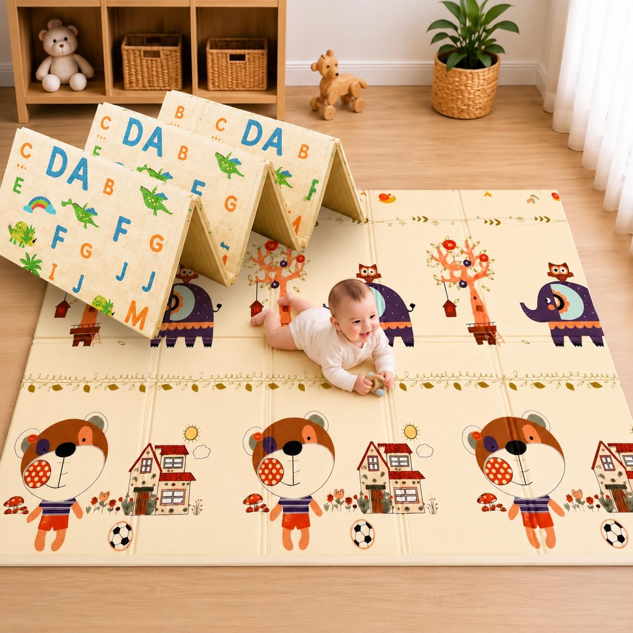 TARKAN Extra Thick Reversible Baby Play Mat For Hard Floor, BIS Safety Certified, BPA Free Foldable Foam Crawling Mat (6.5x4.5 ft, 8mm Thickness) ABCD - Circus-image-44