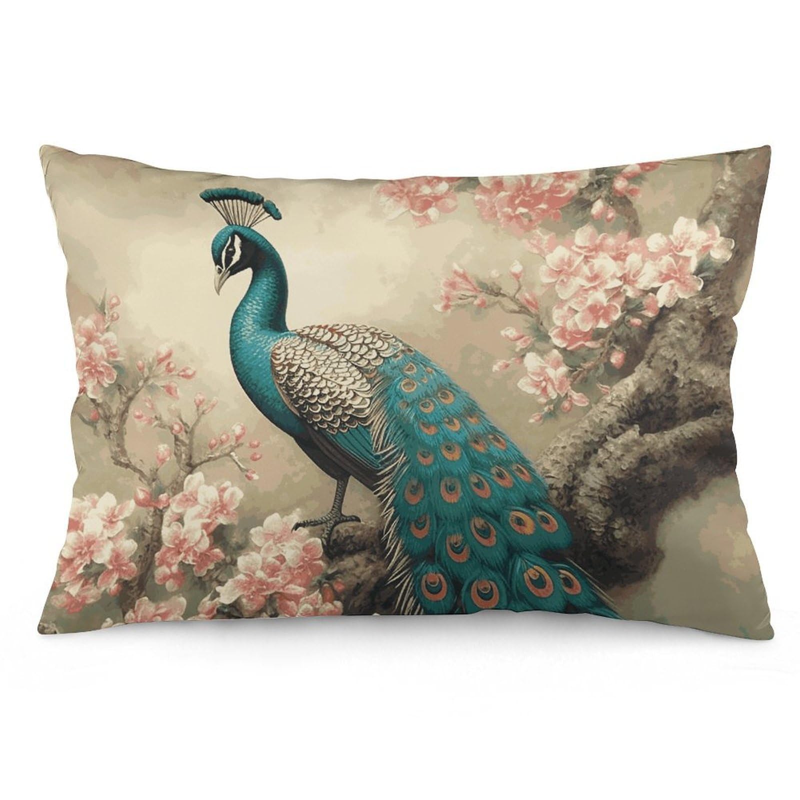 2 Pack Pillow Cases for Hair and Skin, Soft Breathable Pillow Case Covers with Hidden Zipper, Oriental Peacock on Flower Tree Pillowcase 16 "x24 Pillow Covers for Sleeping Gift