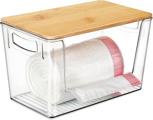 Hudgan Soporte para bolsas de basura extra grande, dispensador de bolsas de basura de acrílico con tapa y asas de bambú