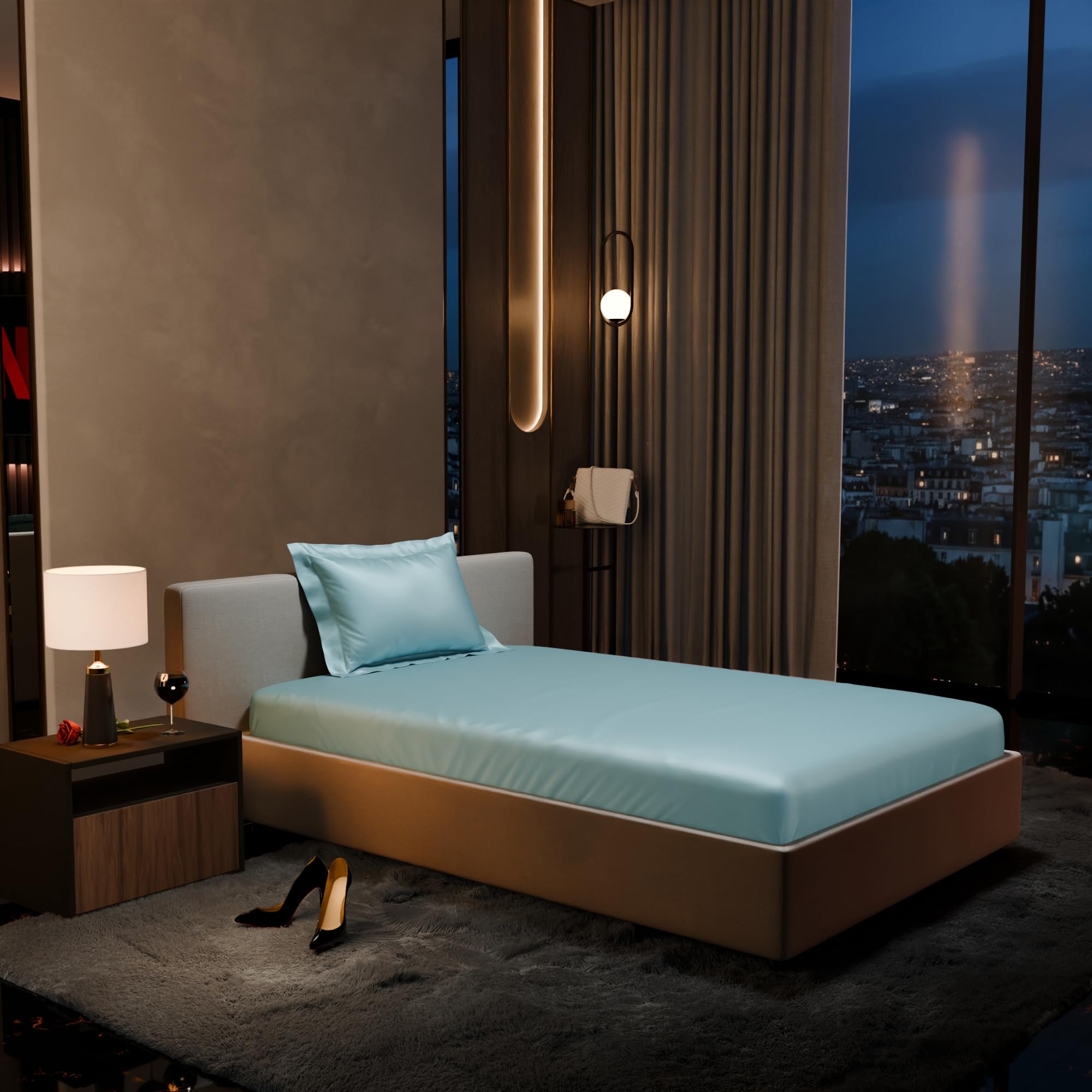 Stoa Paris 300TC UltraSatin Single Bedsheet Set, 10” Drop Fitted Bedsheet with 1 Pillow Cover, Hypoallergenic, Wrinkle Free, Aesthetic Bedding, Home Decor, Gift, Date Night - Dreamy Blue