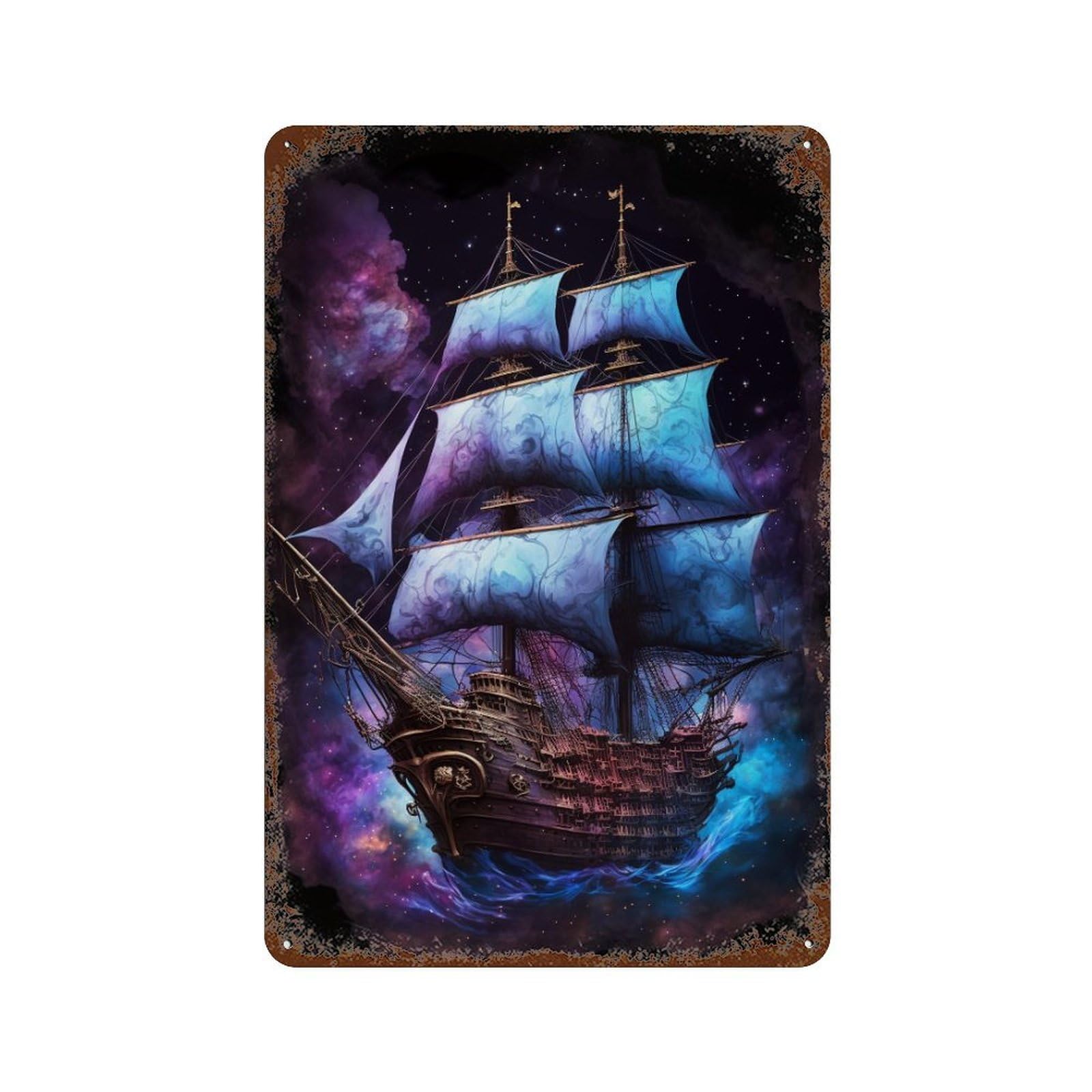 Rust Effect Fantasy Pirate Ship Art Print Distressed Metal Wall Sign 11.8"x7.9", Shabby Chic Decor for Pub, Kitchen And Man Cave Decor