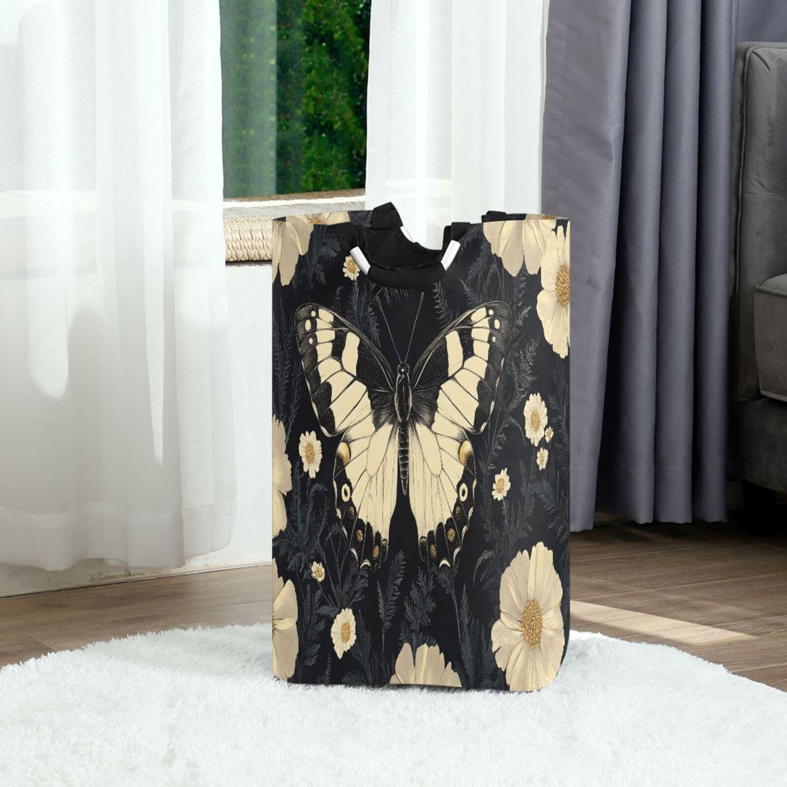 Jihqo Laundry Hamper Basket Butterfly and Flowers White Collapsible Nursery Storage Bin Waterproof Clothing Baskets for Home Bedroom Bathroom Washing Room