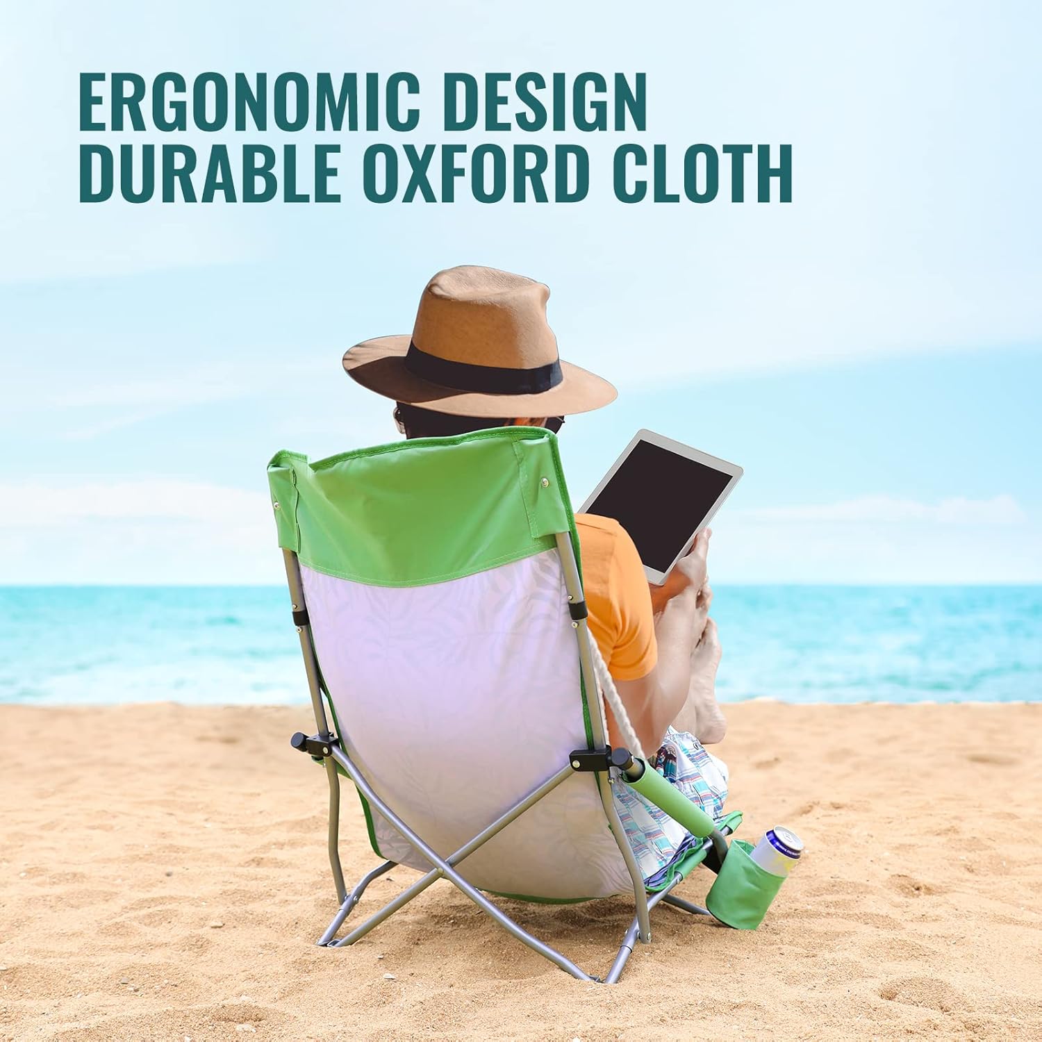 VILLEY Low Beach Chair, High Back Folding Beach Chair for Adults, Lightweight and Portable for Outdoor, Beach, Camping, Lawn, Music Festival, with Cup Holder and Carry Bag-Green Tropical Leaves