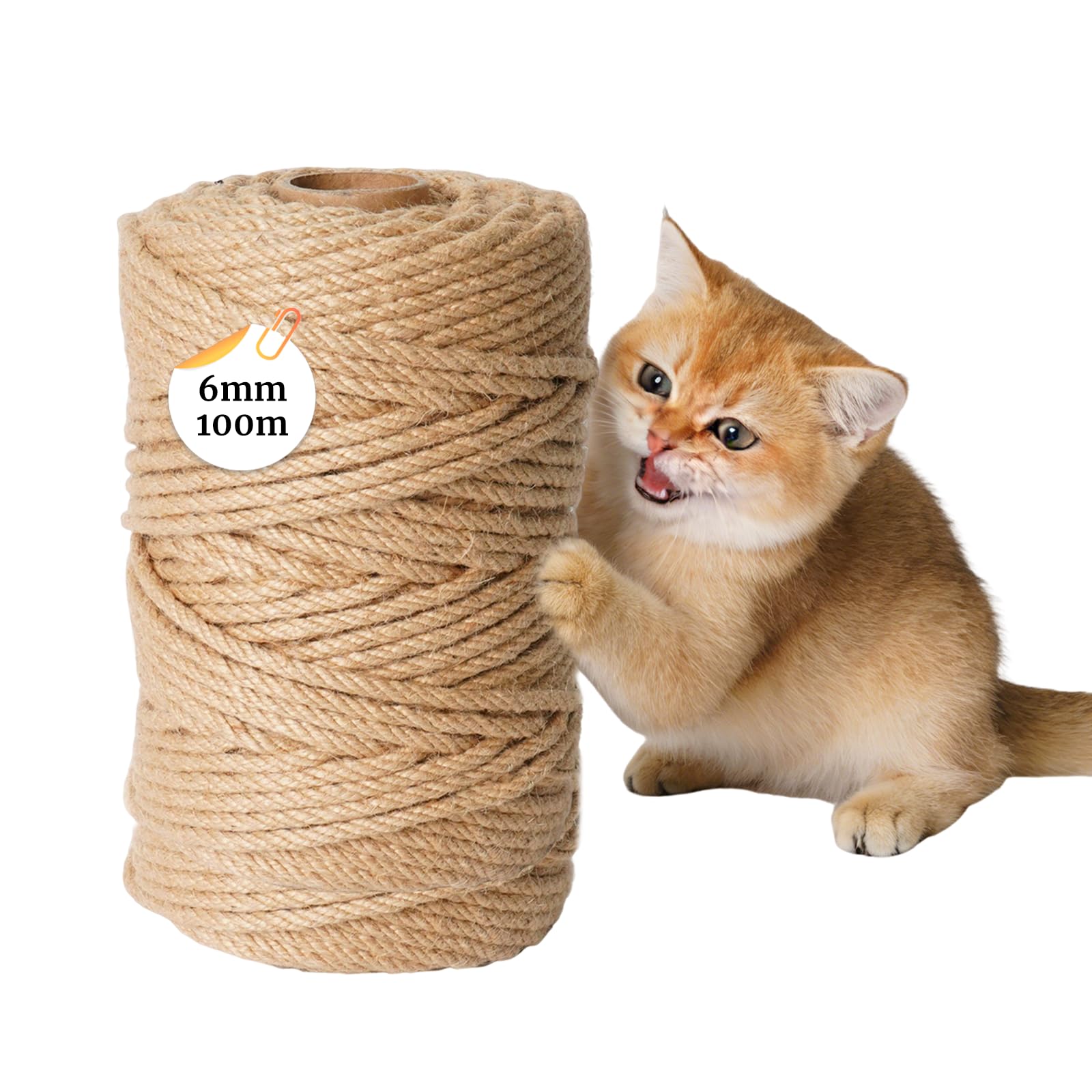 Corde Arbre à Chat, 6 mm x 100 m Sisal pour Arbre à Chat, Ficelle Jute, pour Faire Le Tissu d'arbre, Corde D'épée d'arbre pour Le Tapis de Grattage, DIY Bricolage