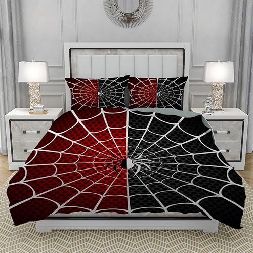 Miniatura 4 de Juego de funda de edredón de superhéroe, tamaño King, juego de ropa de cama de tela de araña roja y negra, 3 piezas, funda de edredón de microfibra