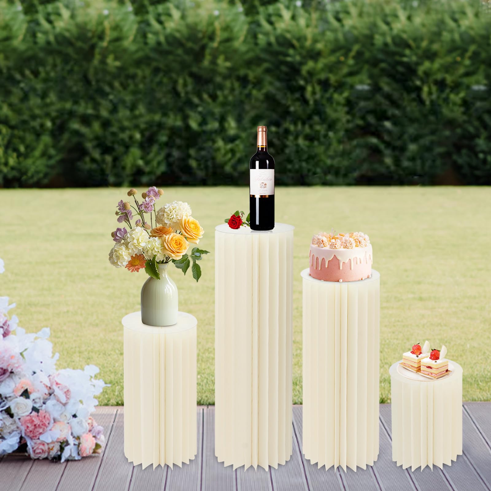 4er Set Blumenständer Faltbare Papier-Blumensäulen, Runde Karton Pflanzenständer Hintergrund Deko Hochzeitsvase mit Klare PVC-Platten, für Hochzeit Geburtstag Party, Weiß, 40/60/80/100cm
