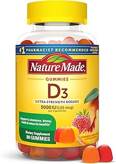 Gomitas Nature Made Vitamina D3 5000 UI por Porción Extrafuerte, Apoyo para la Salud de los Huesos y el Sistema Inmunológico, 80 Gomitas de Vitamina D para Adultos, Suministro para 40 Días