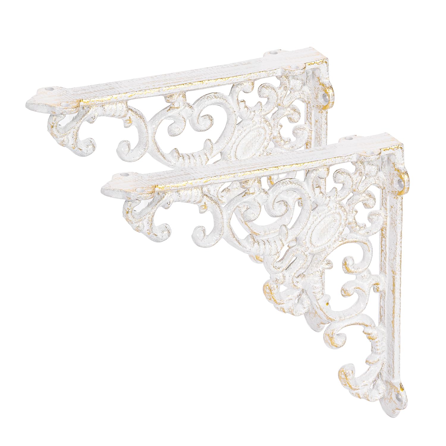 Sungmor Vintage Cast Iron Shelf Brackets - Ornate Decorative Corner Shelf Supports, 2 Pack Garden Wall Hanging Bracket - 7.7 Inch Rustic White Metal