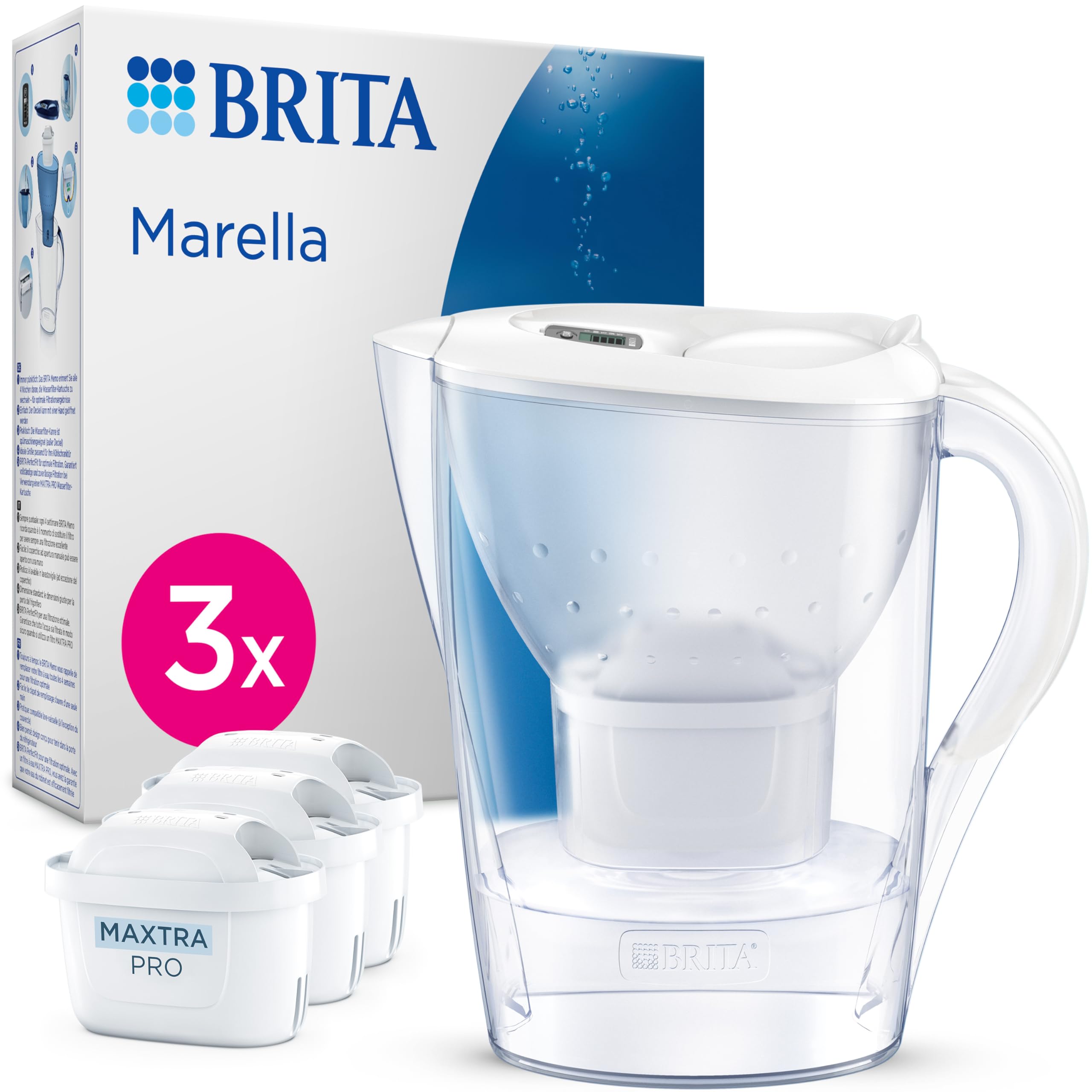 BRITA Wasserfilter Kanne Marella, 3x MAXTRA PRO Pure Performance Kartusche | Weiß, Starter Pack, 2,4l davon 1,4l Filter-Wasser, Filterkanne passt in Kühlschrank, BRITA Memo, Klappdeckel, filtert PFAS