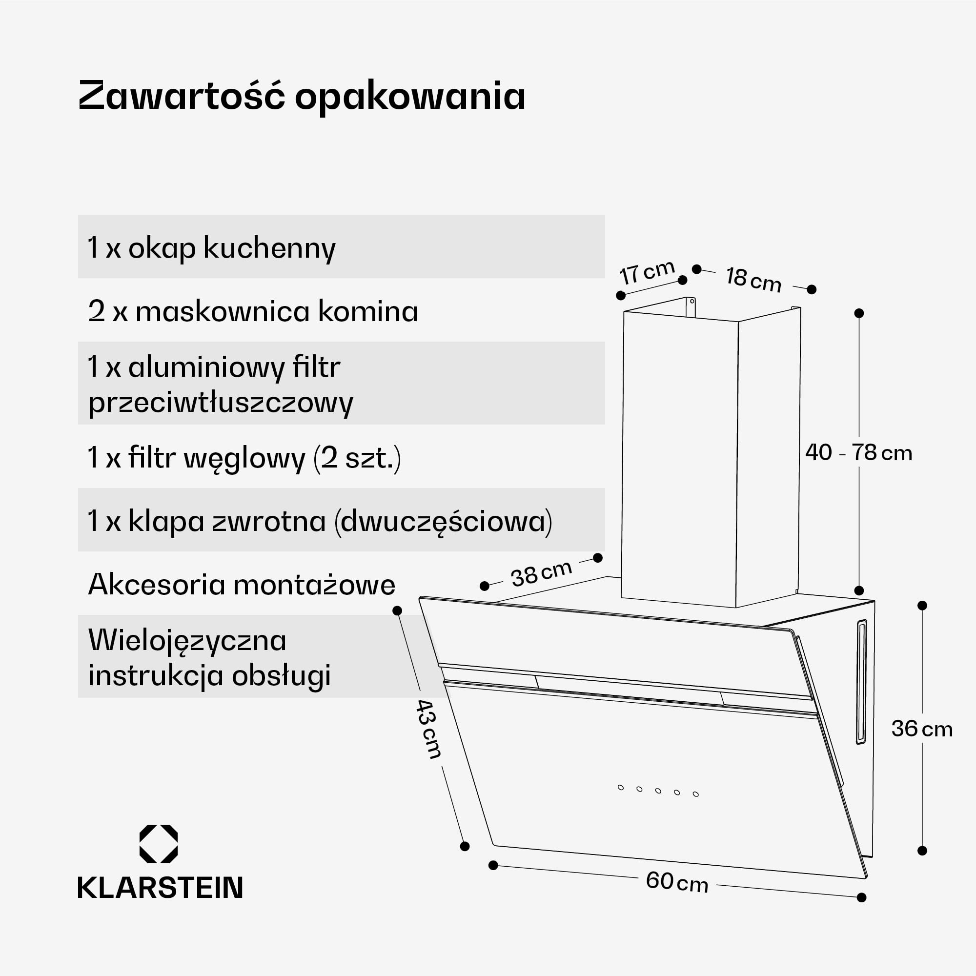 Klarstein Alina Okap kuchenny skośny – 60 cm, przepływ 600 m³/h, panel dotykowy, podświetlenie LED, cichy 68 dB, klasa energetyczna A, czarny, tryb wyciągu i recyrkulacji