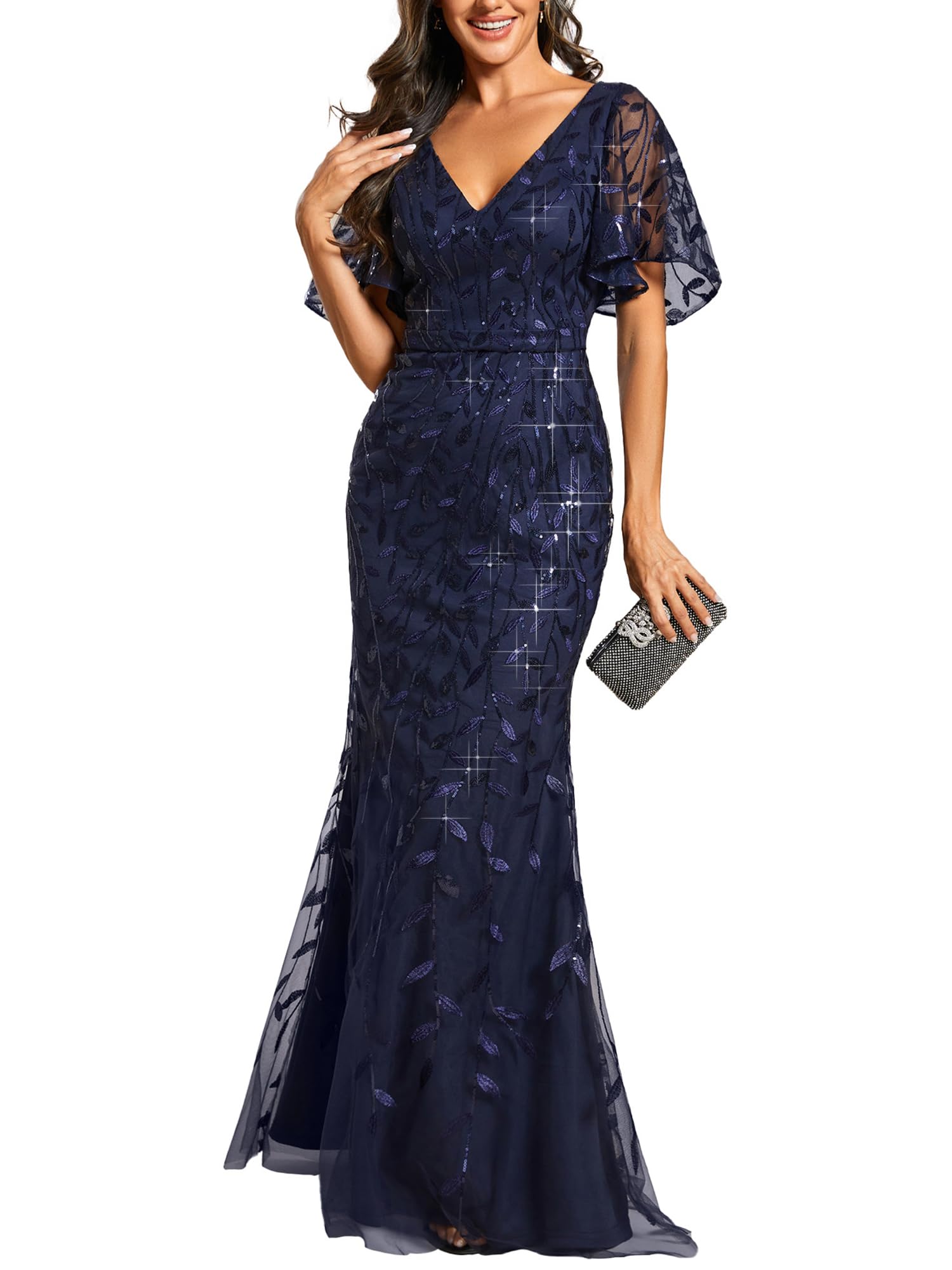 Ever-Pretty Women's Sequin Formal Dresses V-Neck Ruffles Sleeves