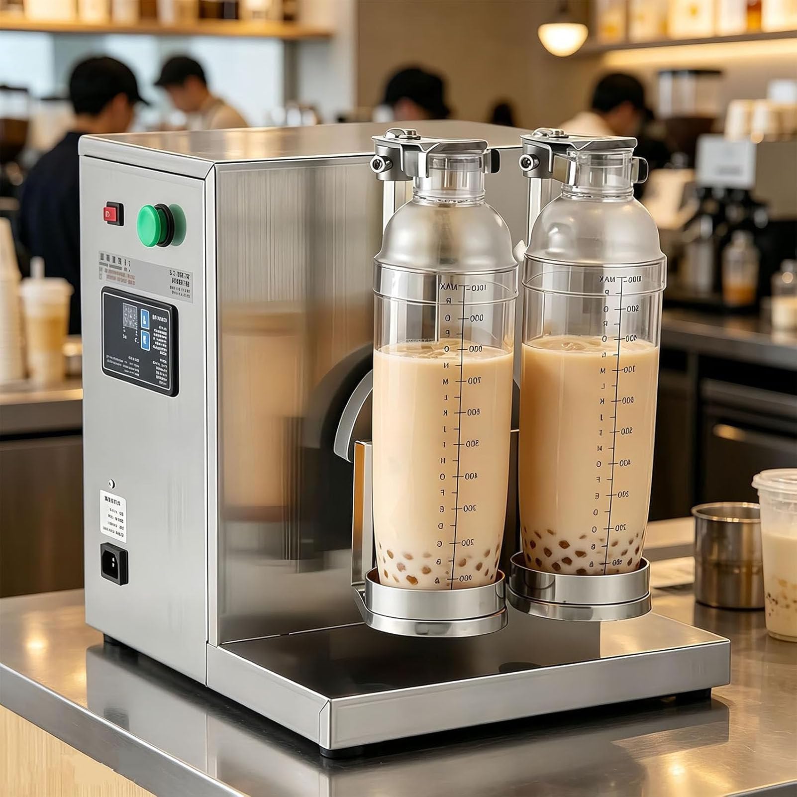 PioMue Electric Bubble Tea Shaker Machine, 360° Double Head Stainless Steel Automatic Shaker,0-120s Adjustable for Milk Tea, Juice, Coffee Preparation