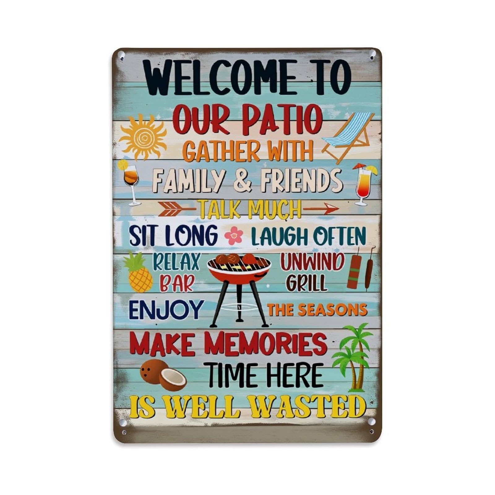 Enderetf Vintage Welcome To Our Patio Gather With Family And Friends Tin Sign Metal Poster, Home Bar Garage Man Cave Cafe Indoor & Outdoor Wall Decoration 8X12inches