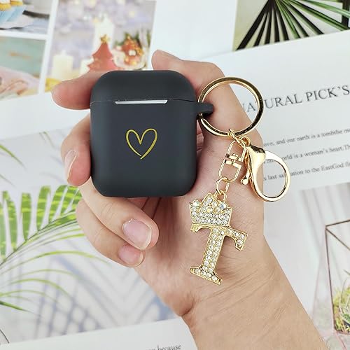 Miniatura 6 de Funda compatible con AirPods, funda de silicona suave con patrón de corazón dorado para AirPods de 2 y 1 generación con llavero de letra A-Z