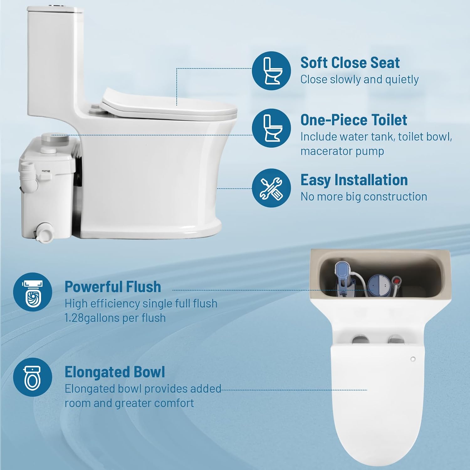 Macerating Toilet with Pump–Upflush Toilet System for Basement/Attic, 4 Water Inlets & AC Vent, 36ft Vertical Lift, Dual Flush, Easy Install,16.8" Skirted Toilet