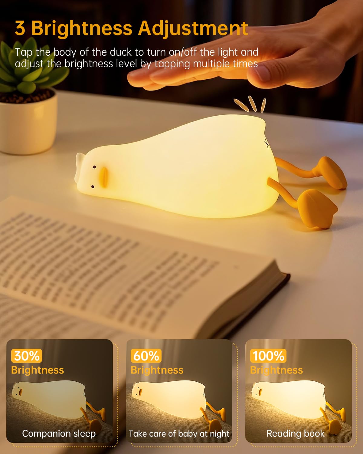 Bonita luz nocturna de pato de silicona, 3 niveles regulables, control táctil, recargable, junto a la lámpara de guardería, decoración de escritorio, luz nocturna para lactancia, bebé, niños, regalos