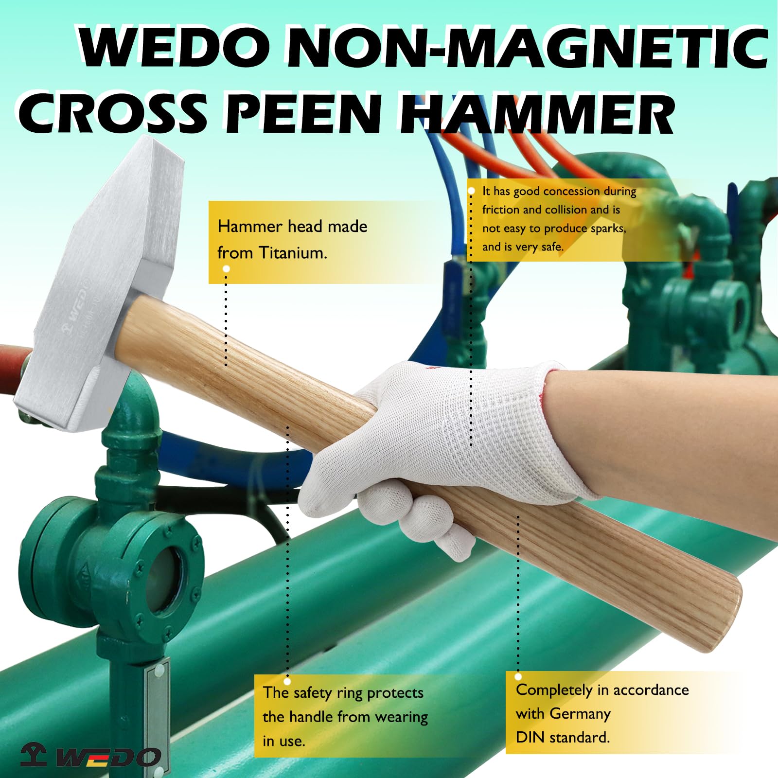 WEDO Młot tytanowy, młotek krzyżowy z drewnianym uchwytem, antymagnetyczny, lekki, niemagnetyczny, nierdzewny, jednorazowy, kuty matrycowo, odporny na korozję, trwały, głowica 450 g