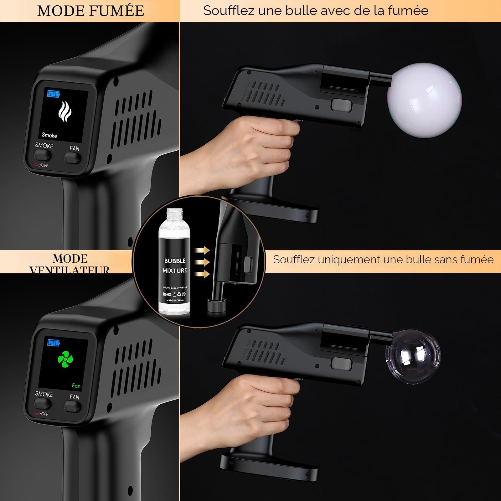 Pistolet à fumée à Bulles à Cocktail avec écran Couleur de 1,4" pour Barman, Bar, fête, vin, Boissons, café (Pistolet Fumoir)