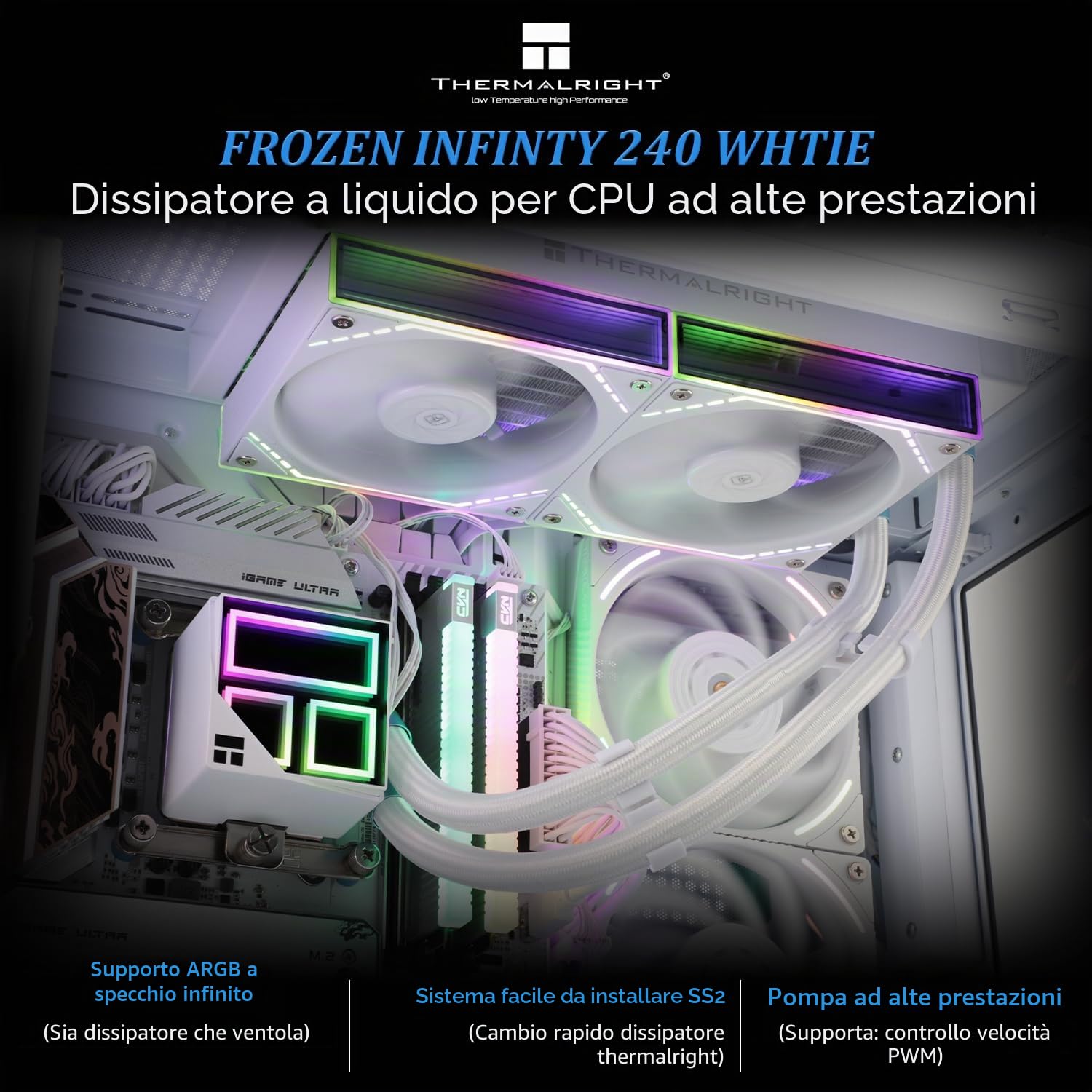 Thermalright Frozen Infinity 240 - Raffreddatore a Liquido per CPU, Bianco, Doppia Ventola PWM 2000 Giri/Min, AIO Desktop, per AM4/AM5 e Intel LGA115X/2011/1700/1851, Infinity Mirror PC