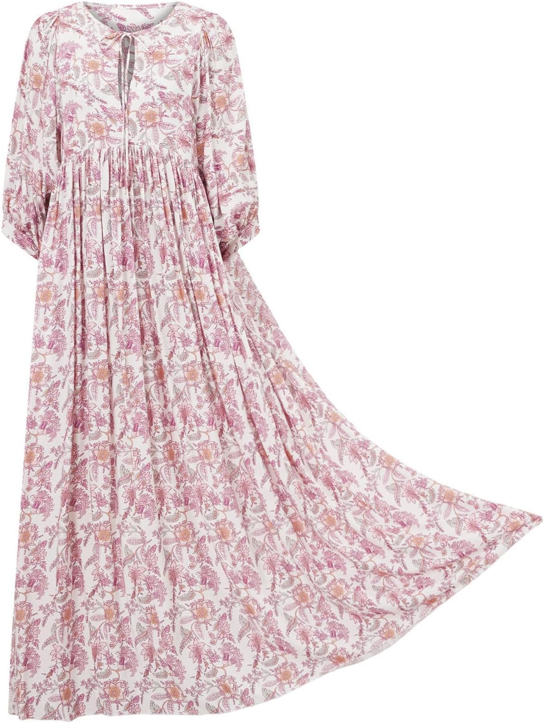 Women Elegant Floral Long Maxi Dress Puff Short Sleeve Square Neck Ruffle Ruched Boho Swing Beach Party Dress