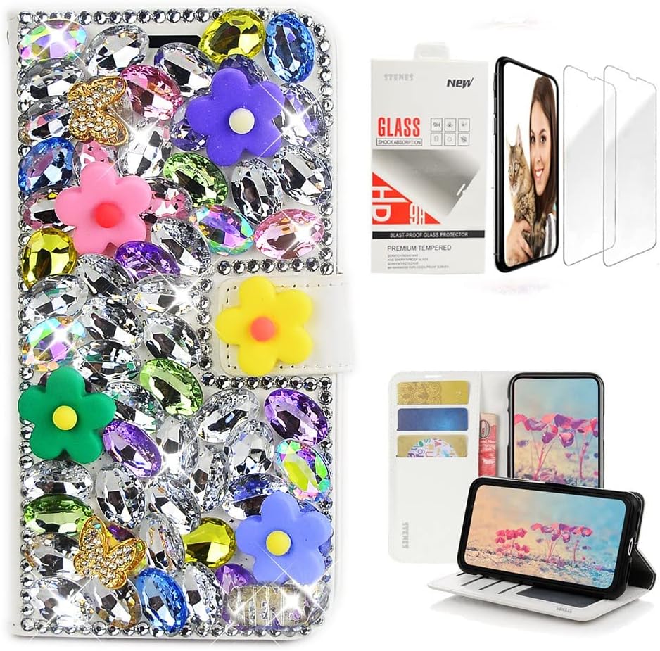 STENES Bling Wallet Phone Case Compatible with T-Mobile REVVL 7 Pro - Stylish - 3D Handmade Punk Skull Glitter Magnetic Wallet Leather Girls Women Cover with Screen Protector [2 Pack] - Black